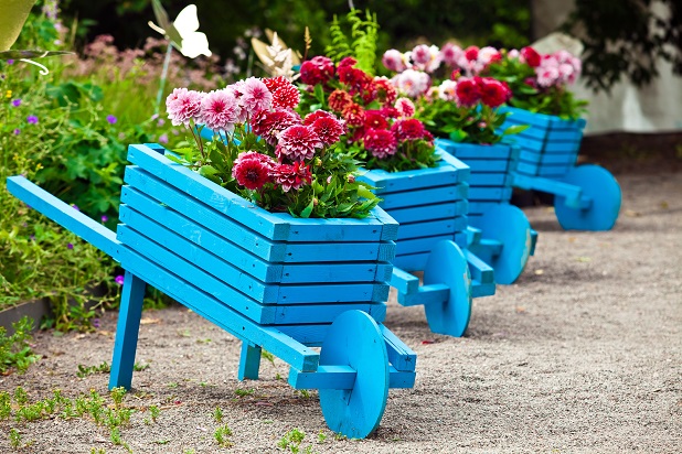 Um Blumen zu pflanzen braucht man nicht unbedingt einen Garten auch diese hübschen Schubkarren kann man gut verwenden